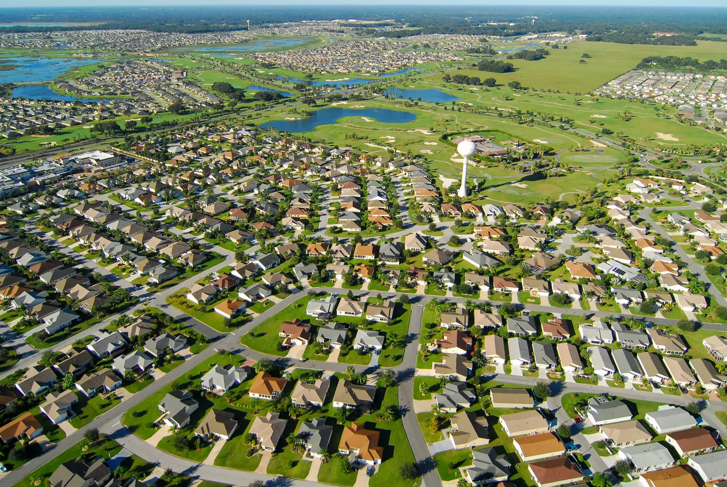 Aerial view of homes and golf course in The Villages, Florida community