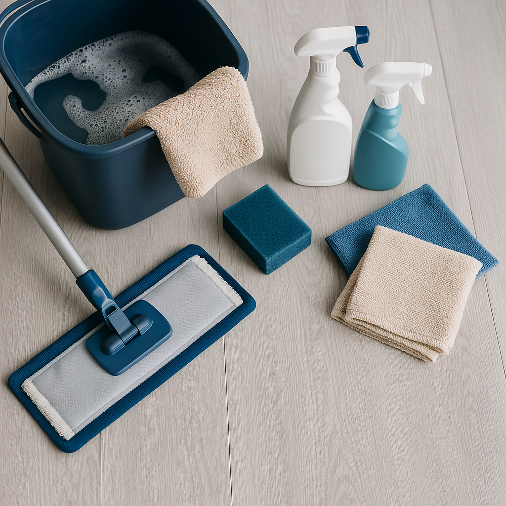 Cleaning supplies neatly arranged on light wood floor, including a mop, bucket, spray bottles, and towels