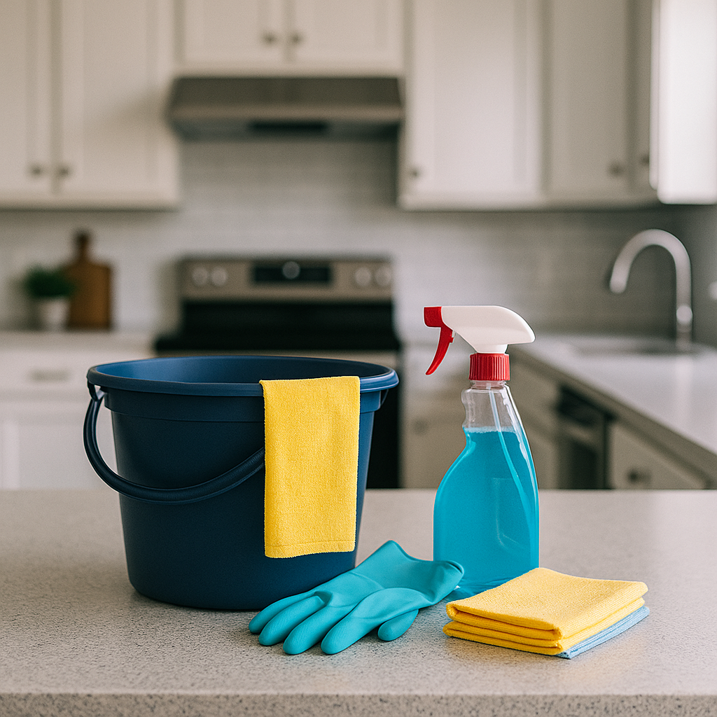 Modern kitchen counter with folded towels and a spray bottle in a clean, neutral-toned setting